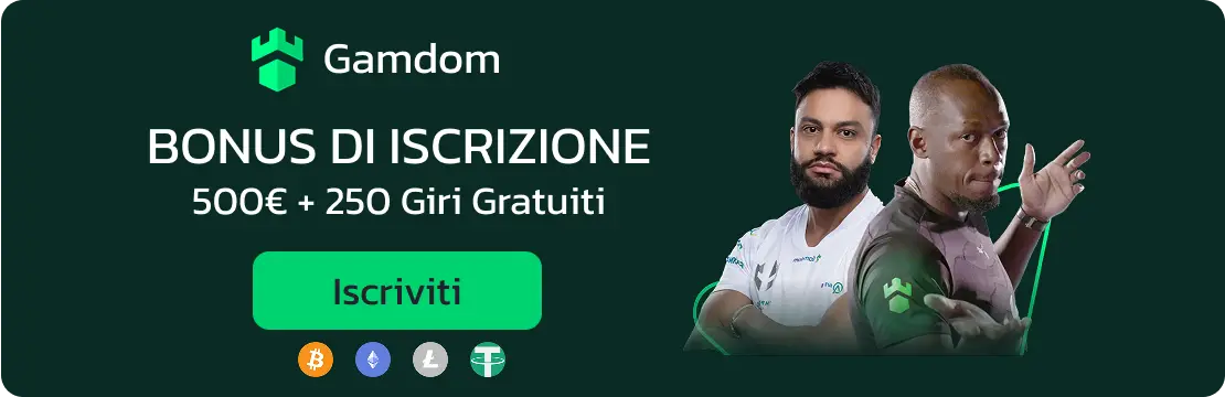 Banner promozionale di Gamdom che mostra slot machine e offerte di benvenuto